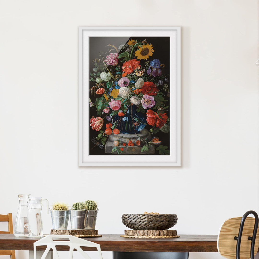 Gerahmtes Papierbild Glasvase mit Blumen