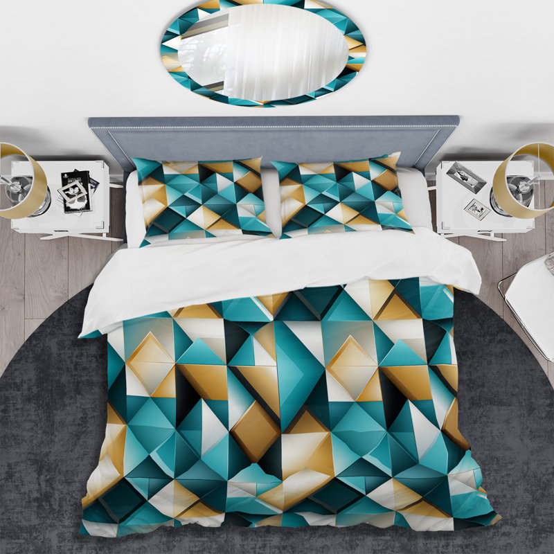 Teal and Gold Geometric Microfiber Full/Queen Bedding Set
