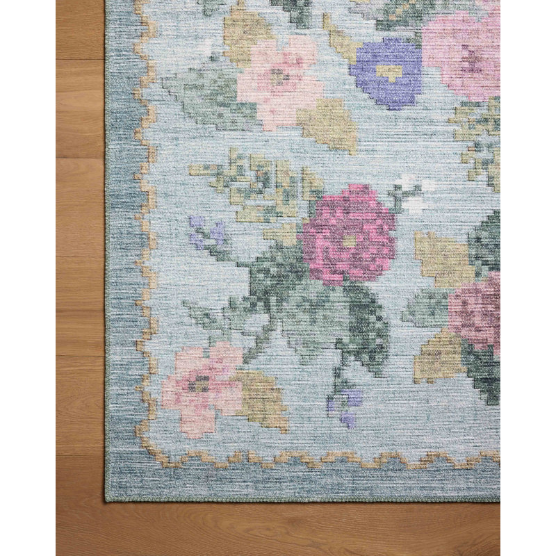 Sky Blue Floral Synthetic Area Rug, 3'-9" x 5'-6"