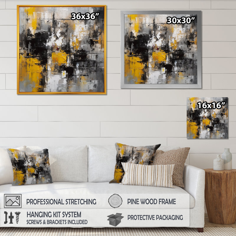 Encre liquide jaune et gris Bunce, Cadre photo noir, H 16 po x l 16 po x P 1 po