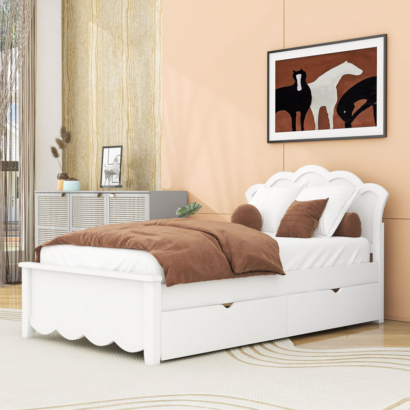 Lit plateforme en bois avec tête de lit et 2 tiroirs, Lit simple