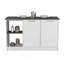 Îlot de cuisine avec grand comptoir, tablettes de rangement ouvertes et armoire à deux portes, blanc / onyx