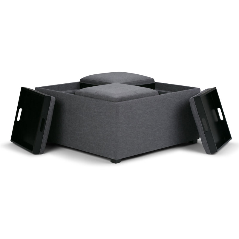 Avalon 35"W Upholstered Linen-Look Fabric Modern Square Coffee Table Storage Ottoman with 4 Flip-Over Trays, Slate Gray
