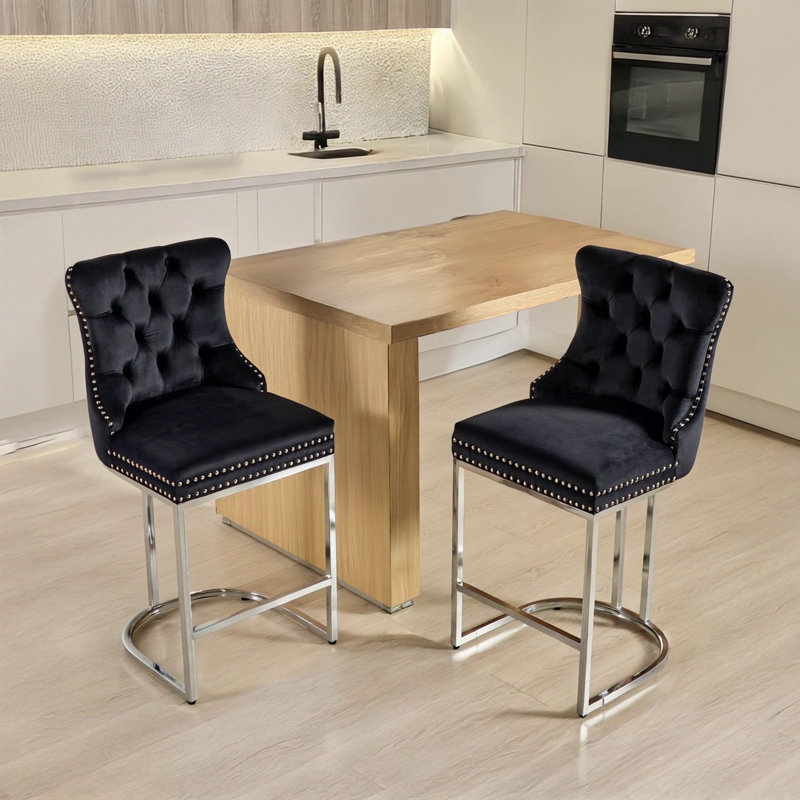 25" Counter Height Bar Stools Set Of 2, Black Velvet