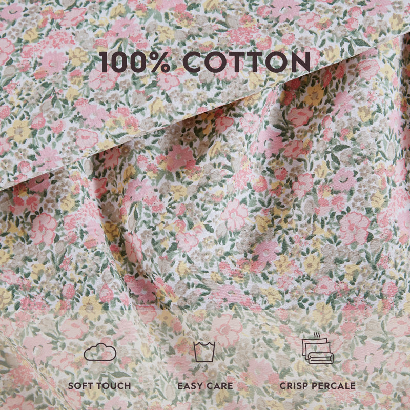 Loveston Pink Full Cotton Percale Floral Sheet Set