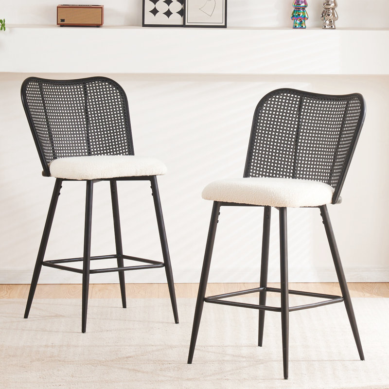 Rattan Counter Height Bar Stools, 26'' Modern Boucle Counter Stools With Butterfly Cane Back, Wicker Counter Stools For Kitchen,Home Bar,Restaurant,Set Of 2, White
