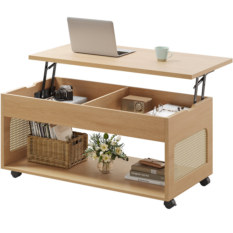 Table basse extensible 39,4 po à dessus relevable en rotin avec roulettes verrouillables, compartiment caché et grande tablette de rangement