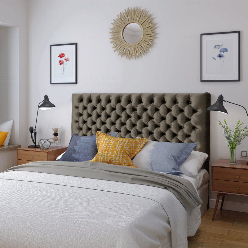Tête de lit capitonnée capitonnée au design moderne avec boutons, tête de lit réglable en bois massif, tête de lit en bois massif avec pieds en métal durable