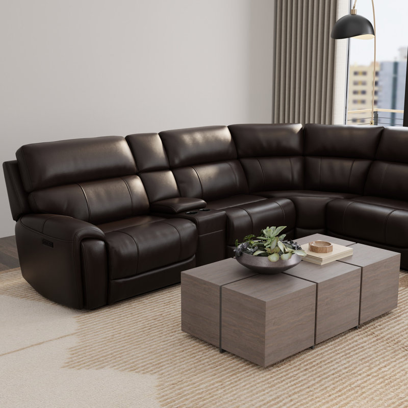 6 modulaires électriques en cuir tabac, appuis-tête, repose-pieds, charge, console multifonctionnelle, salon en forme de L avec porte-gobelets lavables amovibles, brun foncé, espace