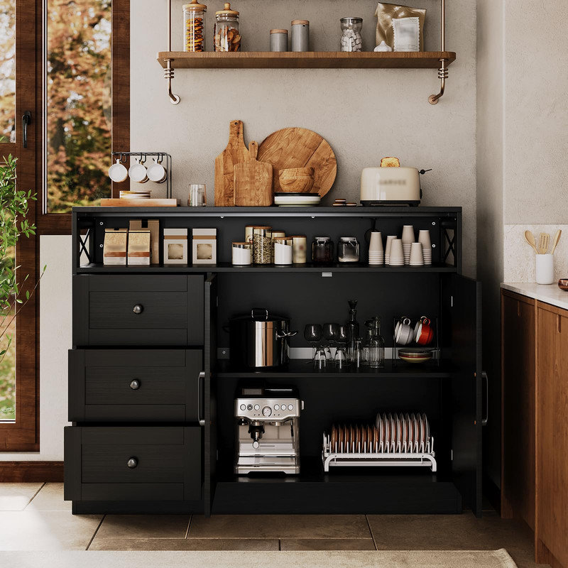 47" Buffet Sideboard Coffee Bar Storage Cabinet with Open Shelf, 2 Doors ,3 Drawers and Built-in Charging Station,Black