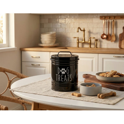 Small Black Airtight Dog Treat Jar, 6" Tall x 4.9" Round, Rustic Storage Canister for Kitchen Counter, Gifts for Pet Owners