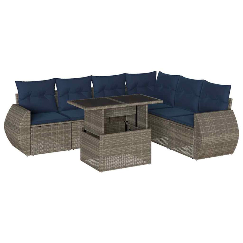 Ensemble de canapé de patio 7 pièces avec coussins en rotin de polyester, Gris, Marine