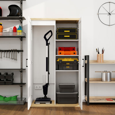55.1" Tall Wooden Vacuum Storage Cabinet, Broom Closet Storage Cabinet With 2 Doors And A Adjustable Shelf, Cleaning Tool Cabinet For Living Room, Kitchen, Garage, Utility Room, Bathroom-White