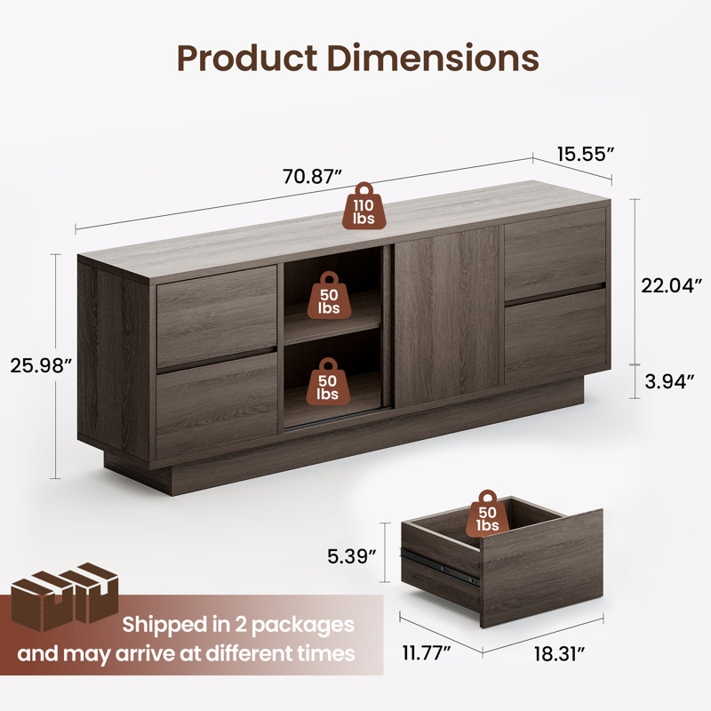 71 '' Tv Stand For Tvs Up To 75/80'', Wood Entertainment Center With Sliding Doors And Drawers, Dark Brown Wood