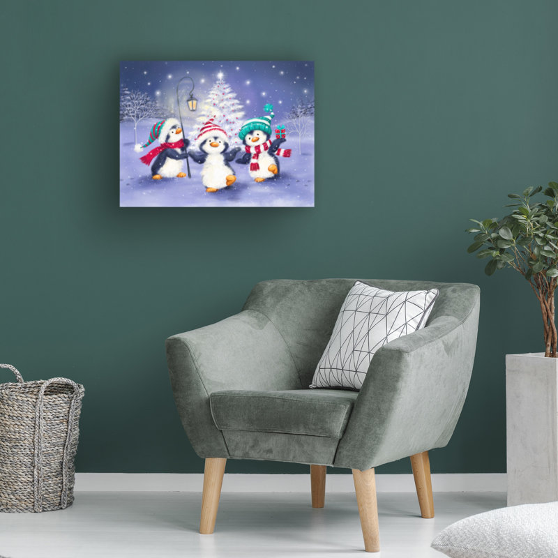 Art sur toile, "Three pingouin" avec un arbre de Noël, H 14 po x l 19 po