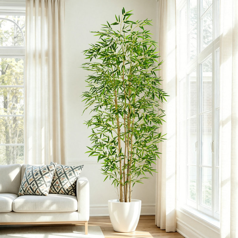 Bambou artificiel de 2,13 m (7 pi), plante d'intérieur en faux bambou avec pot en ciment noir, feuillage artificiel réaliste pour brise-vue, décoration intérieure pour salon, chambre, bureau, entrée et terrasse.