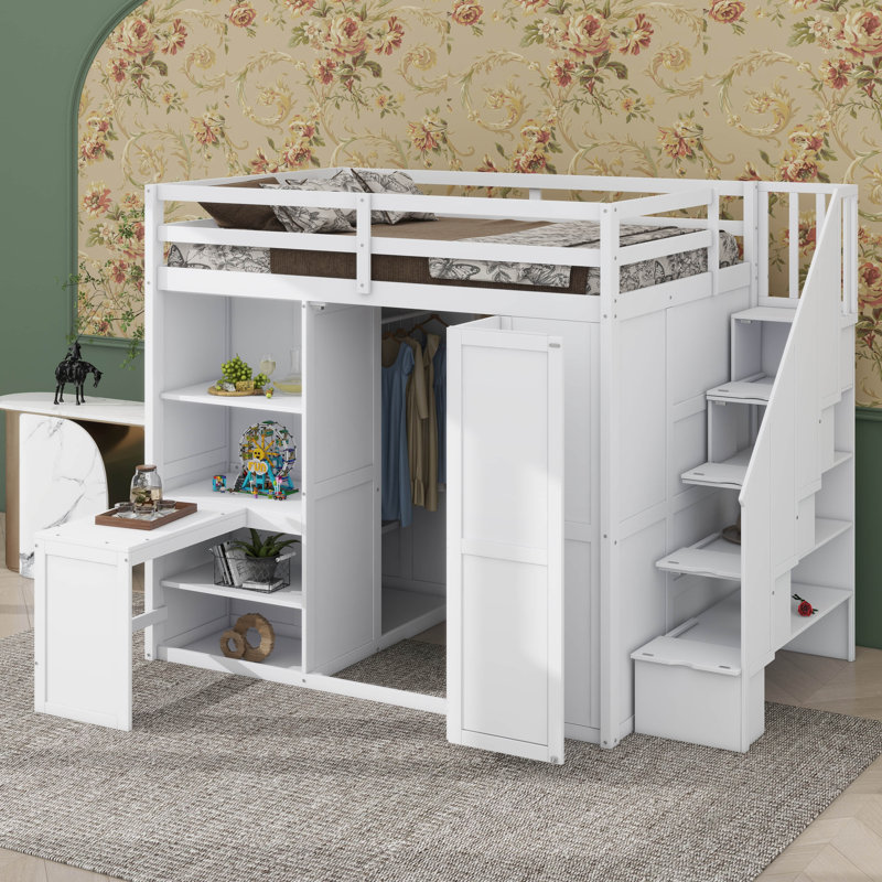 Lit double avec placard intégré, bureau et étagère, Blanc