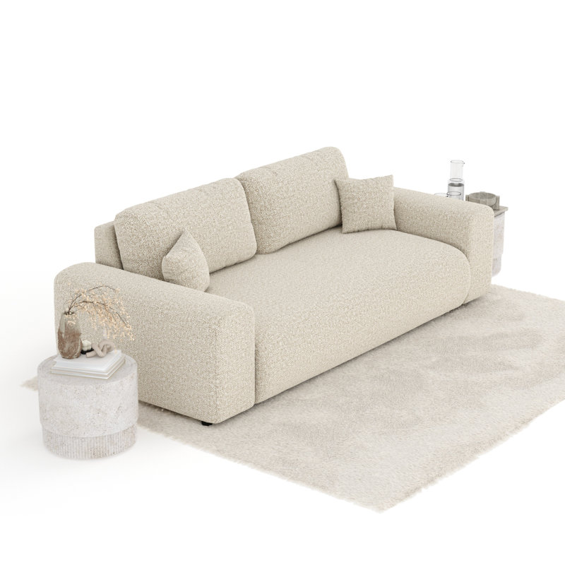 Three-seater square arm sofa, Beige Boucle