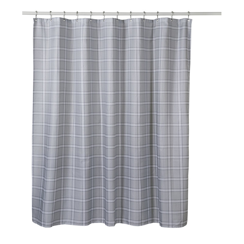Gray Plaid Linen Textured Waterproof Shower Curtain with Hooks
