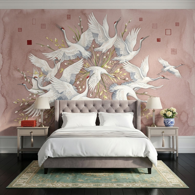 Papier peint rose Cranes, 160 po x 108 po, Peler et coller