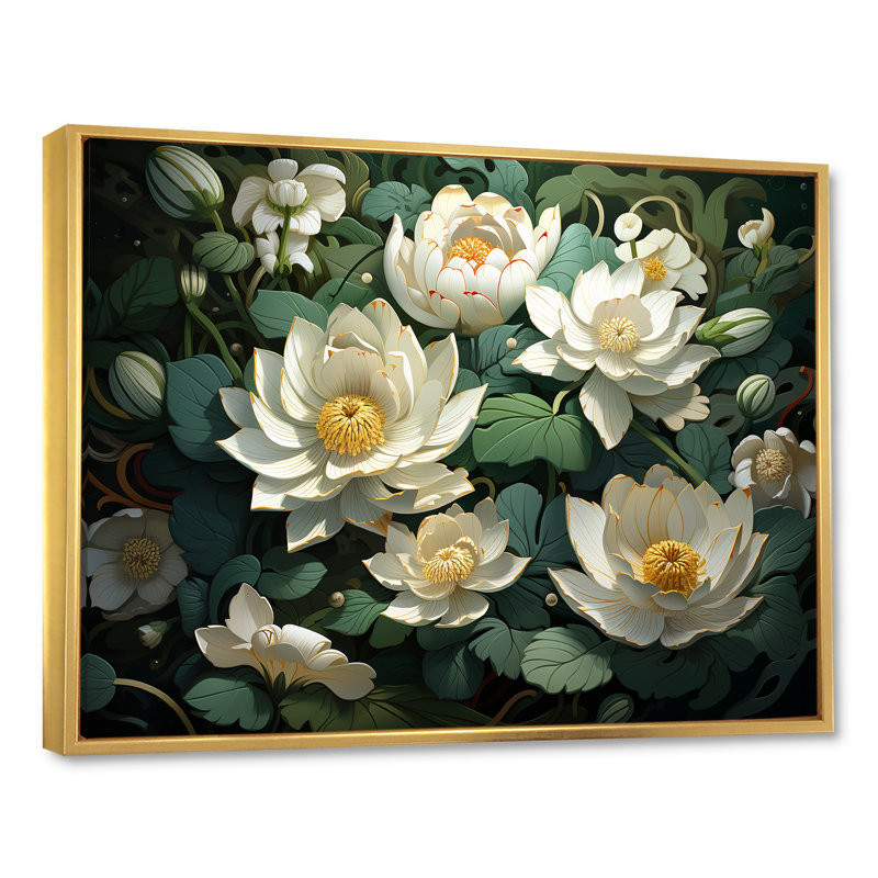 Fleurs de lotus méticuleusement rendues - reproduction sur toile, Cadre flottant doré, H 30 po x l 40 po x P 1,5 po