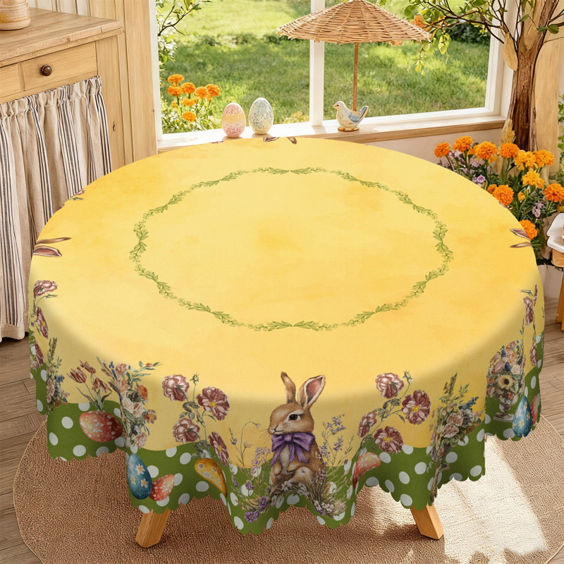 Machine-washable yellow Easter-themed polyester tablecloth, 59.8" Round