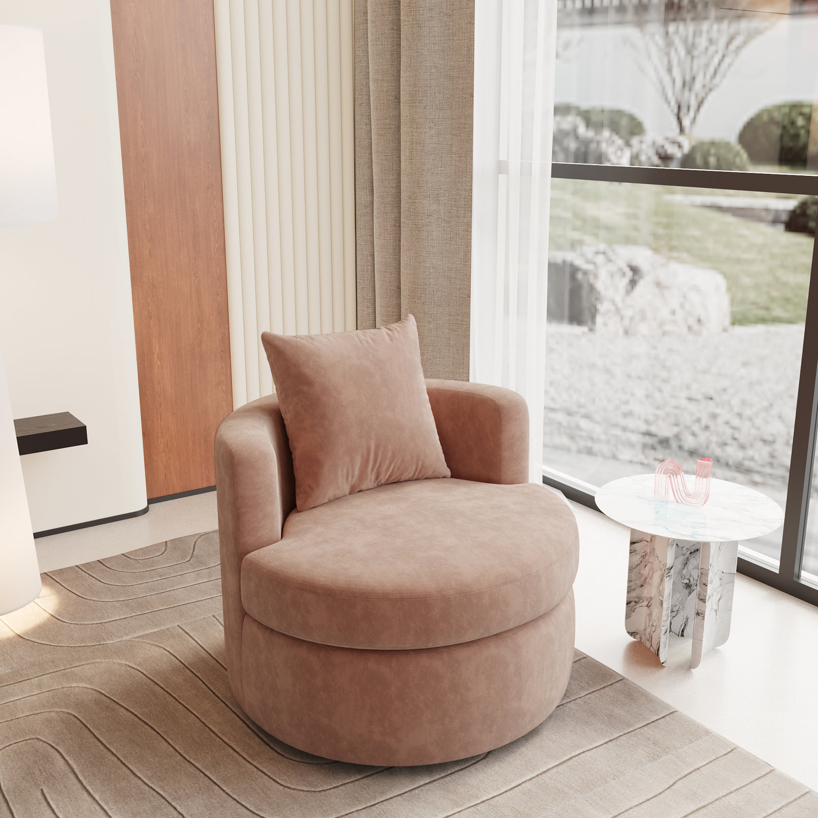 Kalista Linen Upholstered Swivel Barrel Chair, Italian Clay Linen Blend