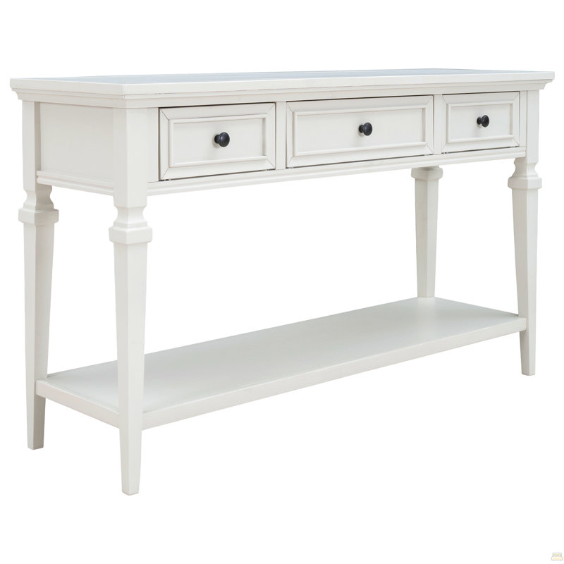 Console de style rétro classique avec trois tiroirs supérieurs et une tablette inférieure de style ouvert, facile à assembler (blanc antique)