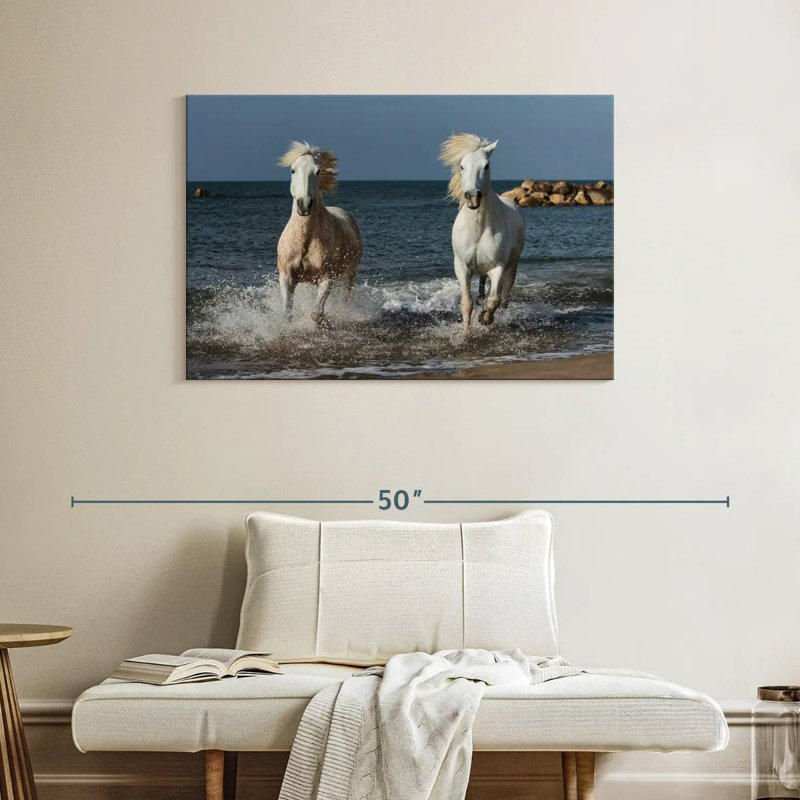 White Camargue Horses Running On The Beach I, 26" H x 39" W