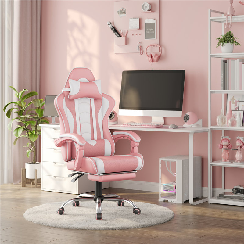Fauteuil de jeu ergonomique avec coussin lombaire de massage, Rose/Blanc