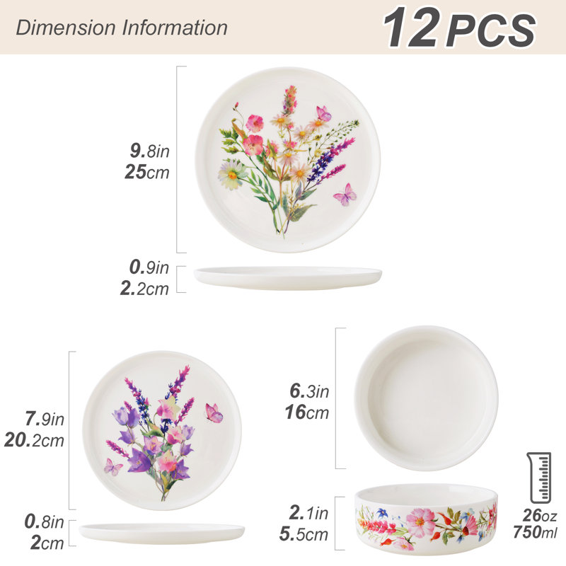 Daniello 12 Piece Porcelain Dinnerware Set, Service For 4