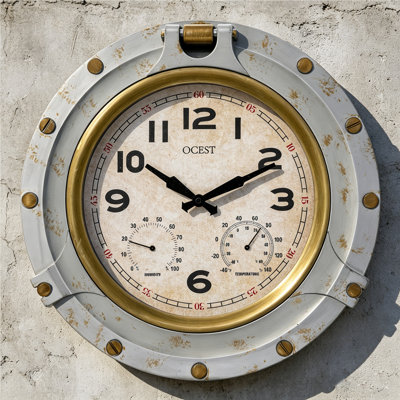 18" Vintage Industrial Wall Clock with Thermometer & Hygrometer, Silent Battery Operated Decorative Clock for Garage, Office, Bathroom and Covered Outdoor Spaces