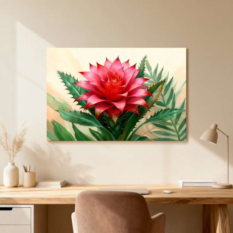 Plantes et fleurs avec fleurs rouges éclatantes et feuilles vertes, Reproduction encadrée d'une seule photo sans pass, Noir