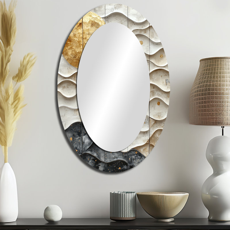 Grey Inca Legacy Sunrise Tiles II - Geometric Oval Decorative Mirror On Metal, 36" x 24"