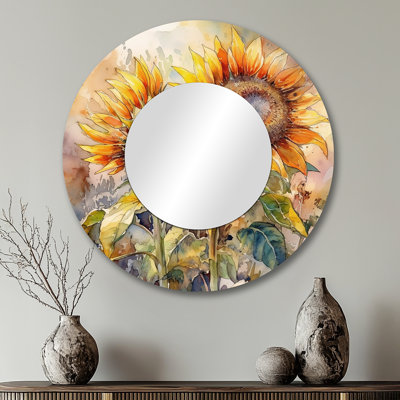 Paal Yellow Sunflower Symphony III - Sunflower Large Wall Mirror, Yellow Round Unique Mirror, Printed Metal Art