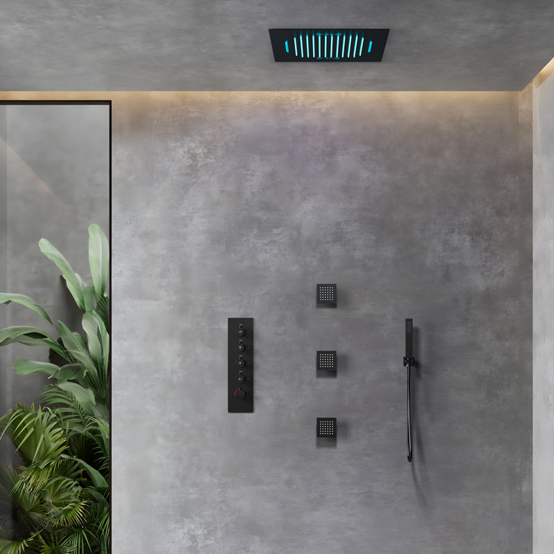 20" Ceiling-Mount LED Rainfall Shower System with Bluetooth Music, Handheld Sprayer & Thermostatic Valve, Matte Black
