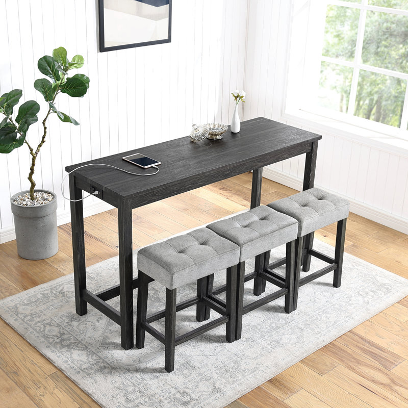 Ensemble de table de bar avec prise de courant, ensemble de table de bar et chaises, ensemble de table de salle à manger 4 pièces, ensemble de table de petit-déjeuner industriel, pour le salon, la salle à manger, la salle de jeux