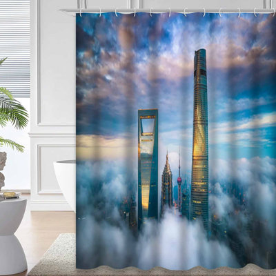 Shanghai Night Skyscraper Foggy City Shower Curtain with 12 Hooks