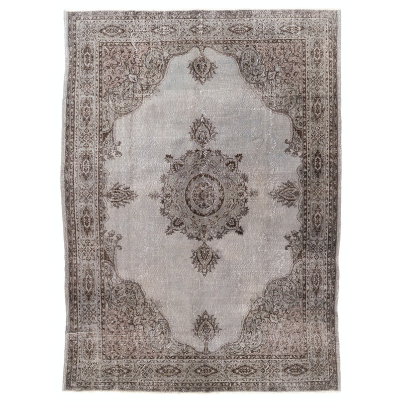 Tapis turc de 8,4 x 11,8 pi fabriqué à la main et teint en gris, idéal pour les intérieurs modernes