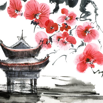 Pagode de Kampyli et arbre en fleurs