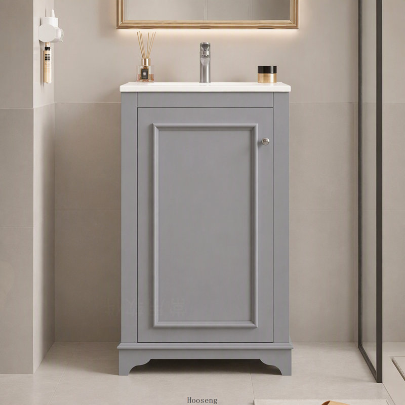 Ensemble de meuble-lavabo sur pied 20 po avec lavabo en céramique, meuble-lavabo simple autoportant avec porte à fermeture douce, tablette réglable, style moderne, gris.