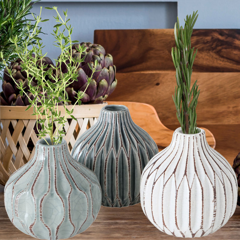 Handmade Stoneware Table Vase, White/Turquoise/Gray