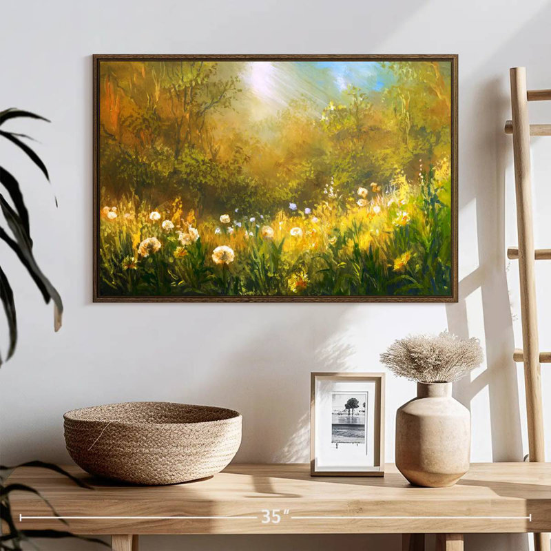 Champ de pissenlits, 25 po x 17 po, Cadre flottant noyer
