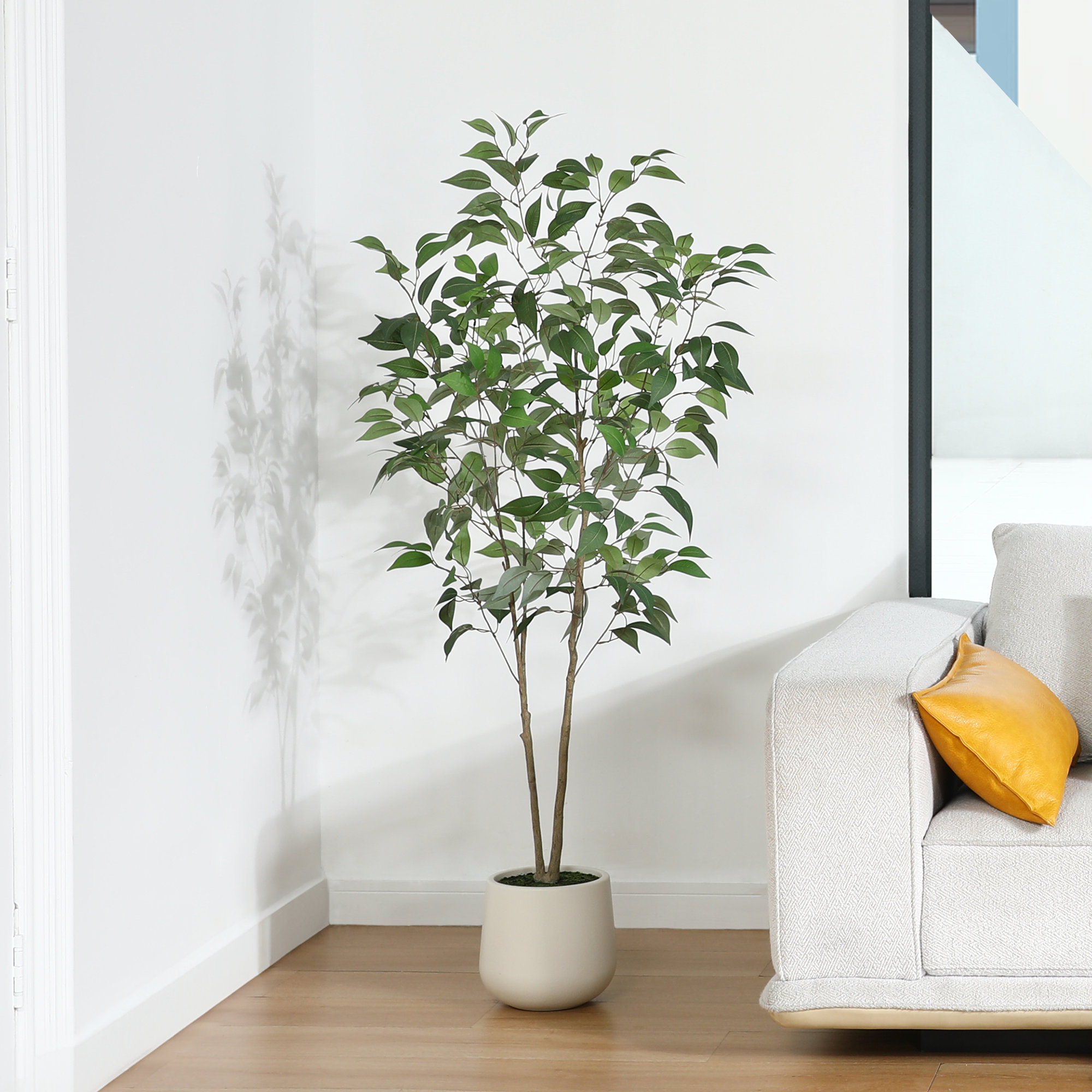 Agostino Faux Ficus Tree with Round White Planter, Pre Potted Faux Greenry Ficus Plant for Home Decor, 60" H x 20" W x 20" D