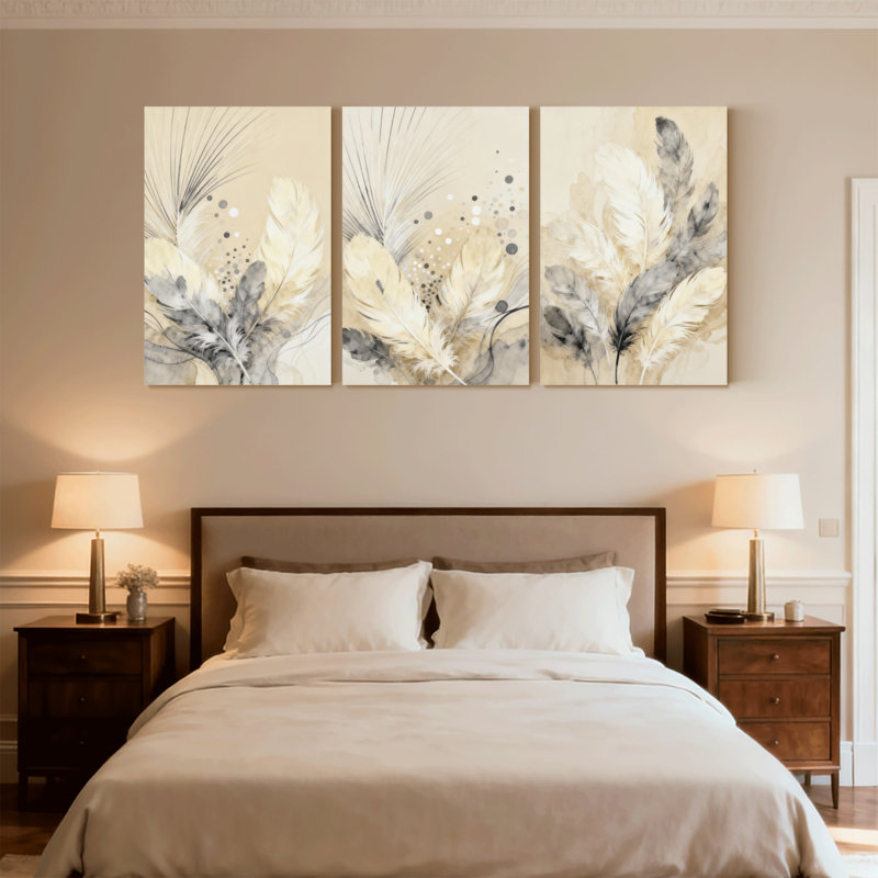 Plume abstraite, ensemble abstrait de 3 reproductions d'art sur toile, H 24 po x l 48 po