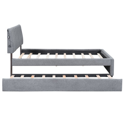 Lit à tête de lit à rayures avec lit gigogne simple et plateforme en tissu molletonné gris chaud