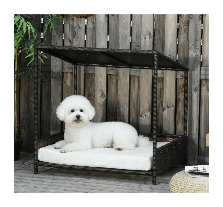 Lit pour chien surélevé en rotin avec toit incliné et coussin - cage intérieure / extérieure brun / blanc