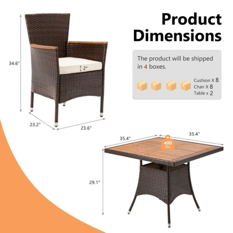 Ensemble repas d'extérieur rectangulaire pour 8 personnes L 70,8 po avec coussins, Brun