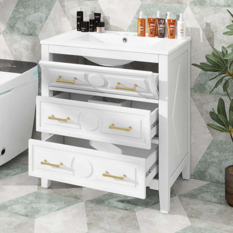 Ensemble de meuble-lavabo 30 po avec lavabo en céramique et 3 tiroirs, Blanc, Doré