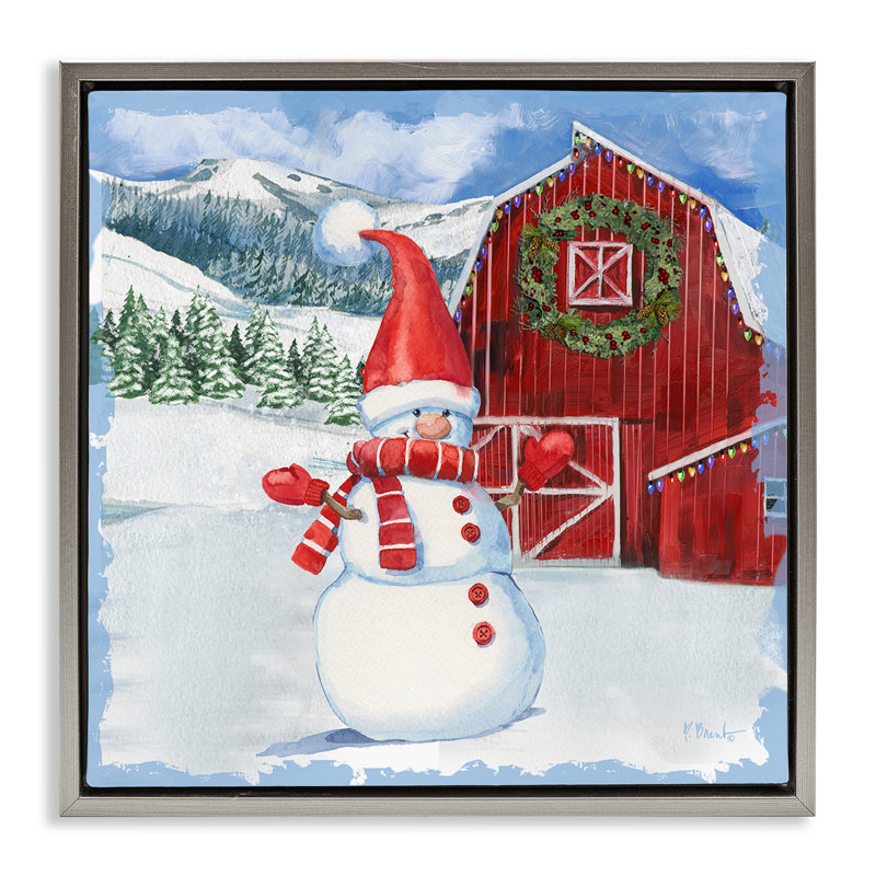Cadre flottant Frosty Barn Snowman, design par Paul Brent, Cadre flottant gris lustré, H 18 po x l 18 po